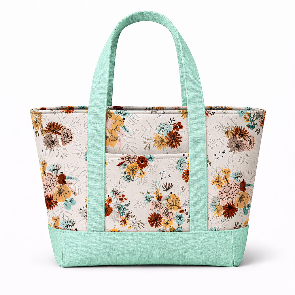 Floral tote bag with mint green handles and trim on a white background