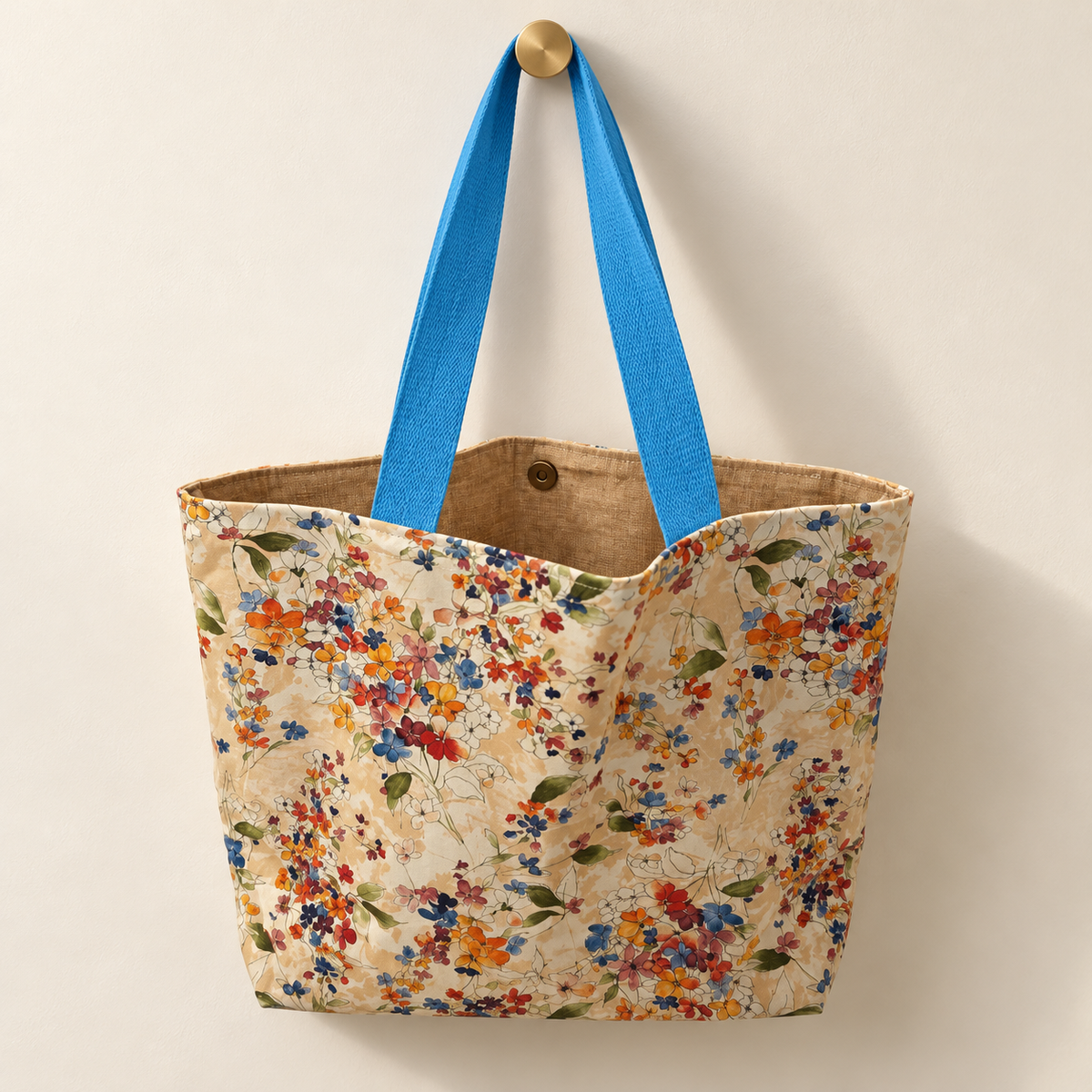 same multicolor trailing floral print on cream, bright blue handles, tan lining weekender tote hanging on a gold knob