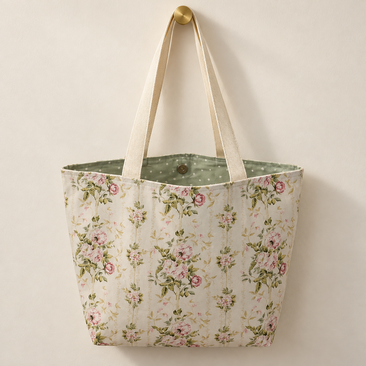 vertical rose garlands on pale cream, ivory handles, sage-green lining with white polka dots weekender tote hanging on a gold knob