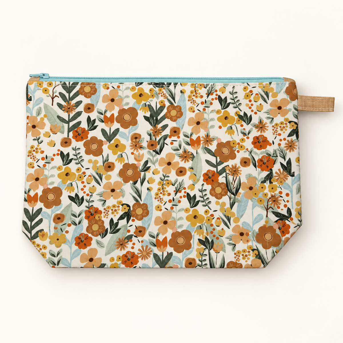 Wildflower Energy small floral cotton zipper pouch laid flat with pale aqua zipper.